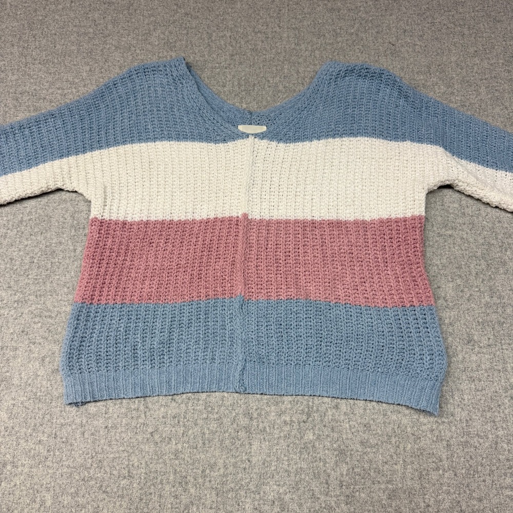 Ultra Flirt Sweater Size S Blue White Pink Colorblock Chenille V-Neck RS616602